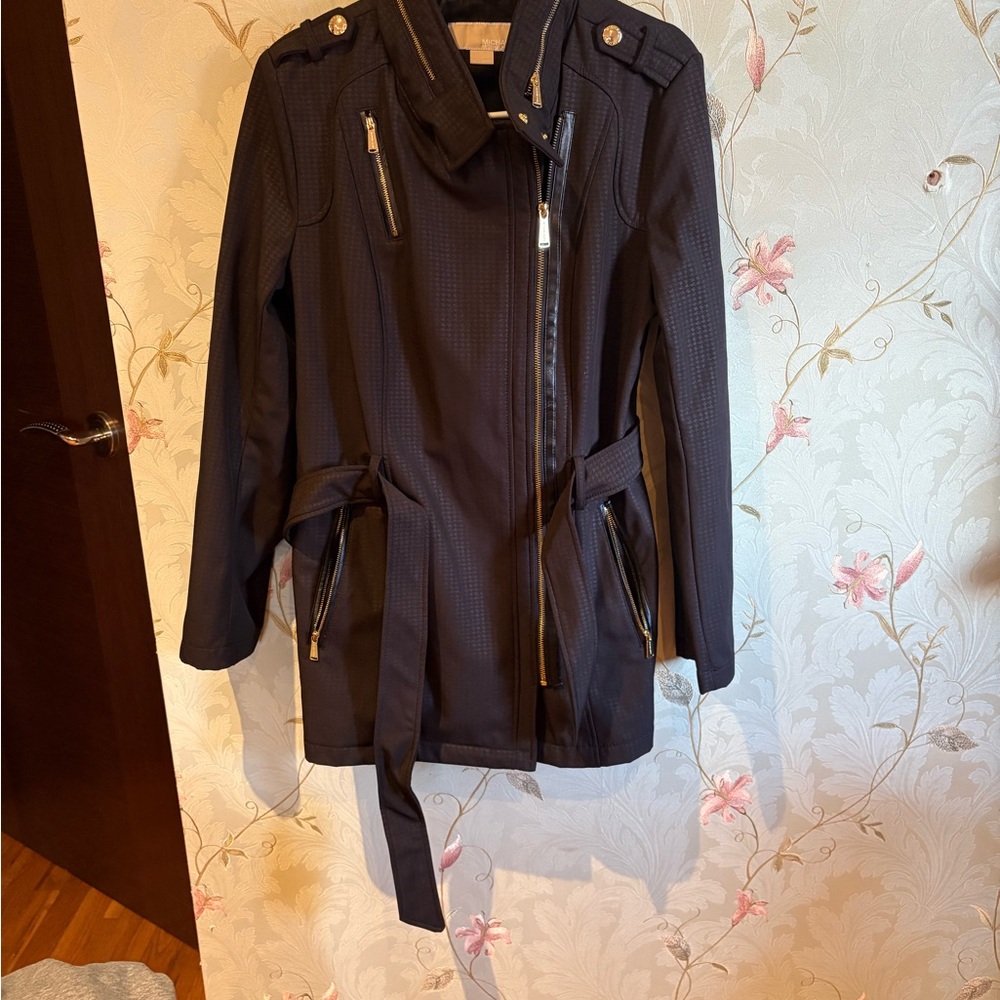 Michael Kors Black Textured Zip-Belt Trench Coat